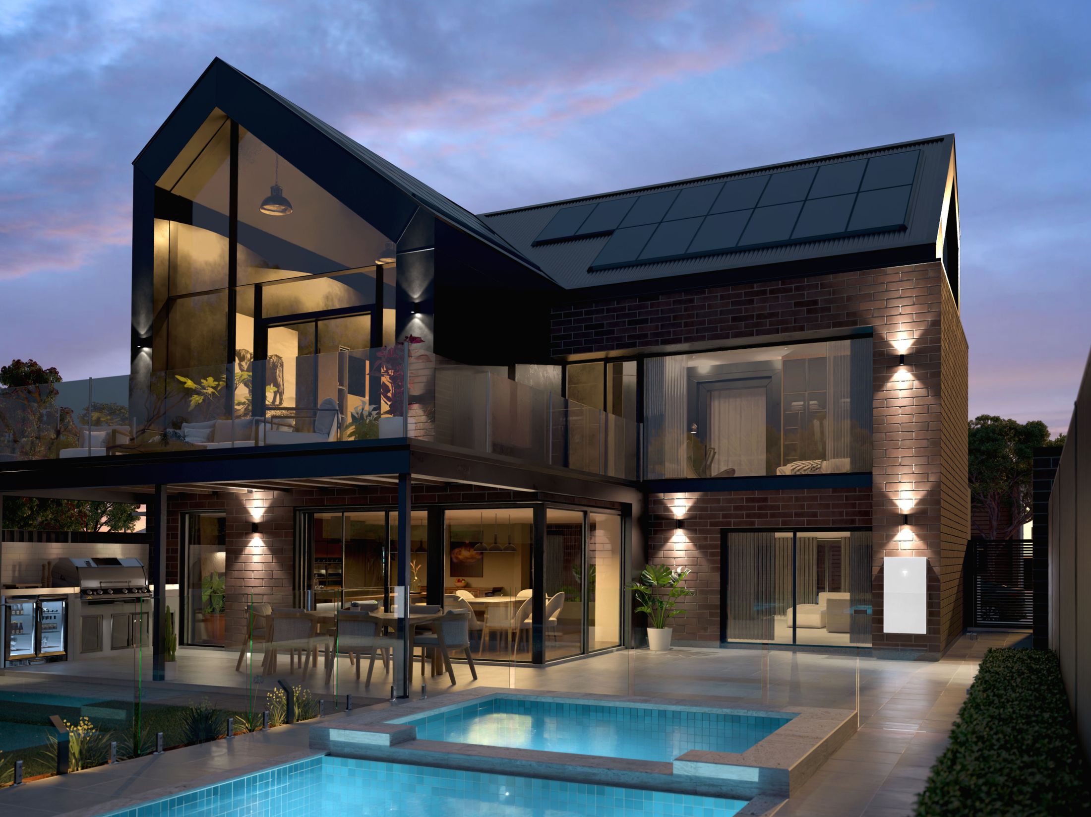 夕暮れの住宅に設置された Tesla Powerwall